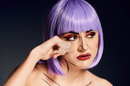A striking woman with vibrant purple hair and bold makeup, reminiscent of a character from a comic book, showing cry