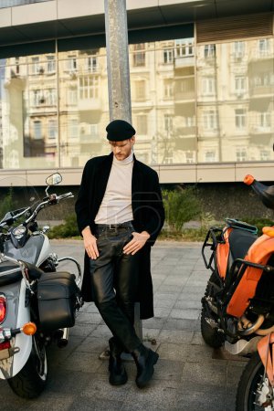 Red-haired young man sits on motorcycle next to another, city setting.