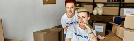 Young lesbian couple, donning volunteer t-shirts, passionately engaging in charity work together.