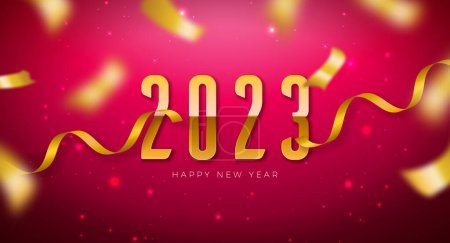 Feliz Año Nuevo 2023 Ilustración con número de oro y confeti cayendo sobre fondo rojo brillante. Diseño de temporada navideña vectorial para volante, tarjeta de felicitación, pancarta, cartel de celebración, fiesta