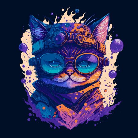 Futuristic Cat Head Illustration with Flower and Sunglasses on Clean Background. Vector Vintage Painting Style Design with Floral Elements for T-Shirt, Poster, Banner, Invitation or Cover