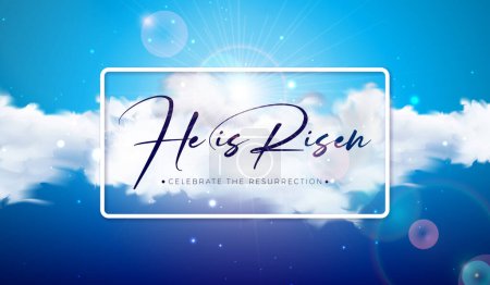 Illustration for Easter Holiday Illustration with Cloud on Sunny Sky Background. He is Risen. Vector Christian Religious Design for Resurrection Celebrate Theme Poster Template for Banner, Invitation or Greeting Card - Royalty Free Image
