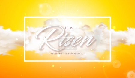 Illustration for Easter Holiday Illustration with Cloud on Sunny Sky Background. He is Risen. Vector Christian Religious Design for Resurrection Celebrate Theme Poster Template for Banner, Invitation or Greeting Card - Royalty Free Image