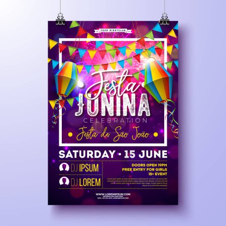 Festa Junina Party Flyer Design avec drapeaux, lanterne en papier et design typographique sur fond de feux d'artifice. Vector Brésil Juin Festival Illustration pour affiche de célébration ou invitation de vacances