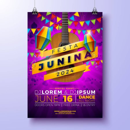 Festa Junina Party Flyer Design with Guitar, Party Flags, Paper Lantern and Typography Lettering on Purple Background. Vector Brazil June Festival Illustration for Celebration Poster or Holiday