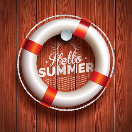 Hallo Sommer Illustration mit Rettungsboje und Typografie Schriftzug auf Vintage Wood Hintergrund. Vector Beach Holiday Design für Festbanner, Flyer, Grußkarte, Einladung oder Poster