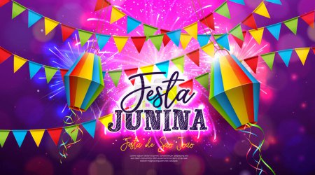 Festa Junina Illustration with Colorful Party Flags and Paper Lantern on Firework Background. Vector Brazil Traditional June Sao Joao Festival Design for Banner, Greeting Card, Invitation or Holiday
