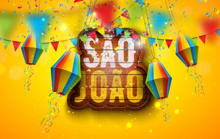 Festa Junina Illustration with Party Flags and Paper Lantern on Yellow Background. Vector Brazil June Sao Joao Festival Design with Typography Letter on Vintage Wood Board for Greeting Card