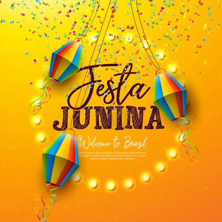 Festa Junina Celebration Banner Illustration with Paper Lantern, Party Flags and Light Bulb Billboard on Yellow Background. Vector Brazil June Sao Joao Festival Design for Greeting Card, Invitation