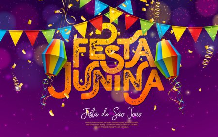 Festa Junina Illustration with Colorful Party Flags and Paper Lantern on Falling Confetti Background. Vector Brazilian Traditional June Sao Joao Festival Design for Banner, Greeting Card, Invitation