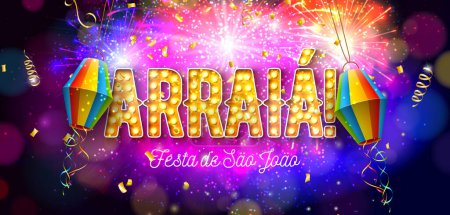 Festa Junina Celebration Banner Illustration with Paper Lantern, Party Flags and Arraia Portuguese Language Light Bulb Lettering on Glowing Fireworks Background. Vector Brazil June Sao Joao Festival