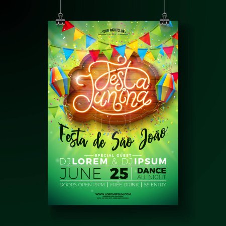 Festa Junina Party Flyer Design with Party Flags, Paper Lantern and Neon Light Lettering on Vintage Wood Billboard Background. Vector Brazil June Festival Illustration for Celebration Poster or