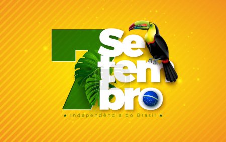 Illustration zum brasilianischen Unabhängigkeitstag mit tropischen Blättern, Tukan-Vogel und Typografie-Schriftzug mit Symbol der brasilianischen Flagge auf gelbem Hintergrund. 7. September Nationale Feier Vektor Design für