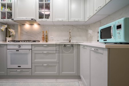 Foto de Nuevo interior de cocina moderno gris claro bien diseñado después de la renovación, vista frontal y cono - Imagen libre de derechos