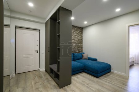 Foto de Hall de entrada adjunto a la pequeña sala de estar moderna con gran sofá cómodo azul detrás del armario - Imagen libre de derechos