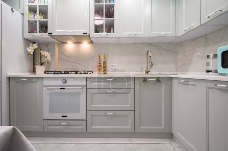 Téléchargez les photos : Nouveau gris clair intérieur de cuisine moderne bien conçu après rénovation, vue de face et coner - en image libre de droit