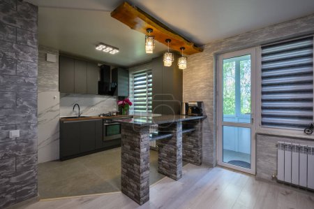 Téléchargez les photos : Real showcase interior of cozy designed modern trendy gray kitchen - en image libre de droit