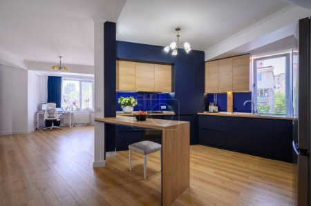 Téléchargez les photos : Stylish large studio apartment with kitchen open to living room after good renovation - en image libre de droit