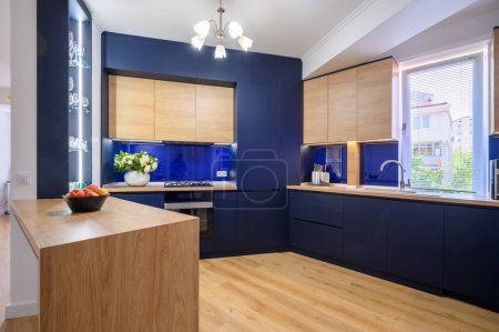Téléchargez les photos : Stylish large studio apartment with kitchen open to living room after good renovation, closeup to counter - en image libre de droit