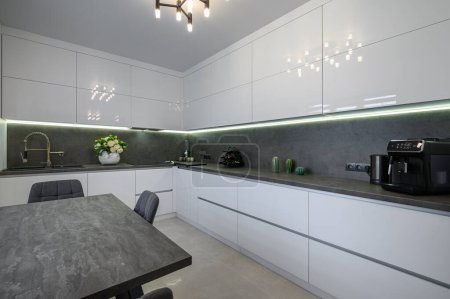 Téléchargez les photos : Luxurious modern trendy white and grey kitchen interior after renovation, with granite counter top - en image libre de droit