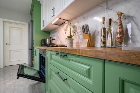 Foto de Green and white colored modern kitchen details, closeup to furniture details, ovn door open - Imagen libre de derechos