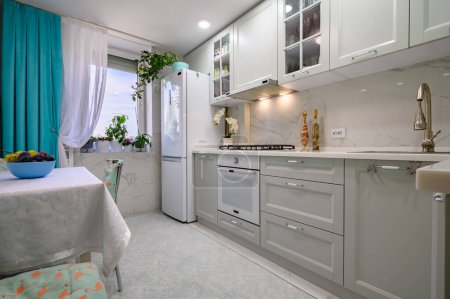 Téléchargez les photos : Nouveau gris clair intérieur de cuisine moderne bien conçu après rénovation - en image libre de droit