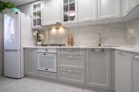 Téléchargez les photos : Nouveau gris clair intérieur de cuisine moderne bien conçu après rénovation - en image libre de droit
