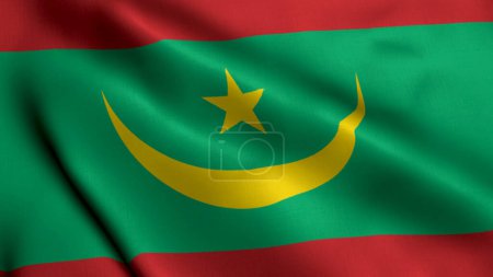Foto de Bandera de Mauritania. Tela ondulada Satén Textura Bandera de Mauritania Ilustración 3D. Bandera de textura real de la República Islámica de Mauritania - Imagen libre de derechos