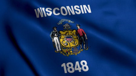 Photo for Wisconsin State Flag. Waving Fabric Satin Texture National Flag of Wisconsin 3D Illustration. Real Texture Flag of the State of Wisconsin in the United States of America. USA. High Detailed Flag - Royalty Free Image