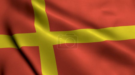 Téléchargez les photos : Le drapeau de Scanie dans le sud de la Suède Province de Skane. Tissu ondulé Texture satinée Drapeau de Skane Illustration 3d. Real Texture Drapeau de la Scanie. Ce drapeau est un combo des drapeaux danois et suédois - en image libre de droit