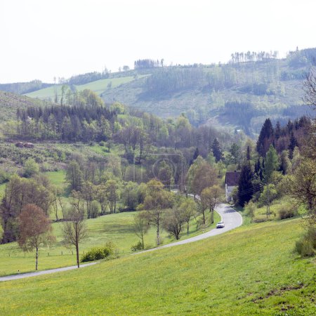 voiture blanche sur la route dans la vallée fraîche printemps vert près de Winterberg en sauerland allemand
