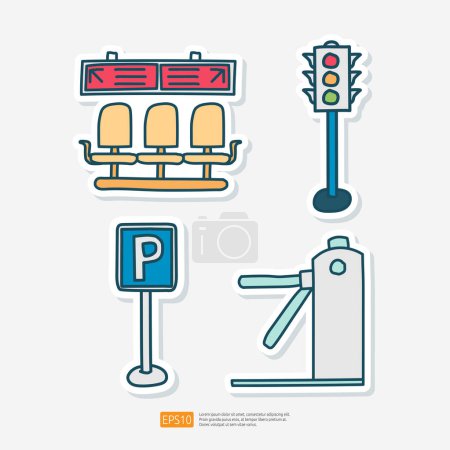 Téléchargez les illustrations : Panneau de zone de stationnement, Feu de circulation, Passerelle tourniquet, Terminal de bus en attente Siège d'attente Autocollant Doodle Set Illustration vectorielle - en licence libre de droit