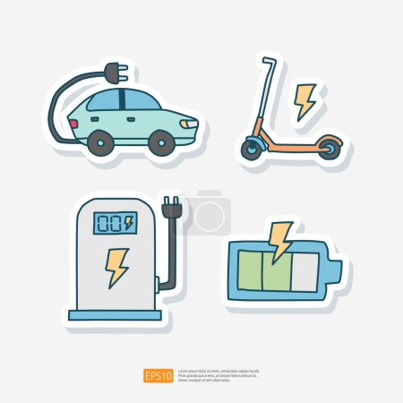 Illustration for Electrical Car and Vehicle, Charging Station, Eco Battery Energy Refueling, Electrical Scooter. Doodle Sticker Icon Ecological Set Transport vector illustration - Royalty Free Image