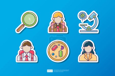 Illustration for Magnifier glass, microscope lab, student and teacher character, mold fungus bacteria colony. knowledge and education flat sticker icon. science and school vector illustration - Royalty Free Image