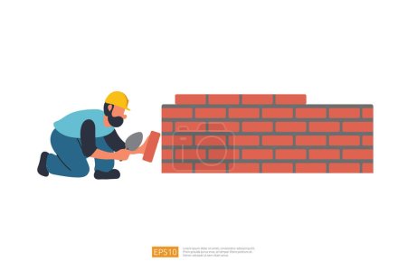 Téléchargez les illustrations : Construction Builder Homme caractère est la construction d'un mur de briques. Illustration vectorielle du travailleur de la construction - en licence libre de droit