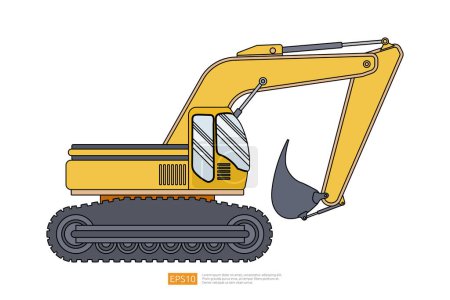 yellow excavator with a bucket vector illustration on white background. big heavy equipment vehicle. Diesel digger flat construction and mining car. Coloring Page Book Cartoon Isolated for Kids