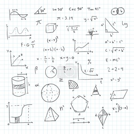 Hand drawn sketch math note. Math symbols doodle notebook page background. School education sign geometry scientific formulas and calculations vector illustration