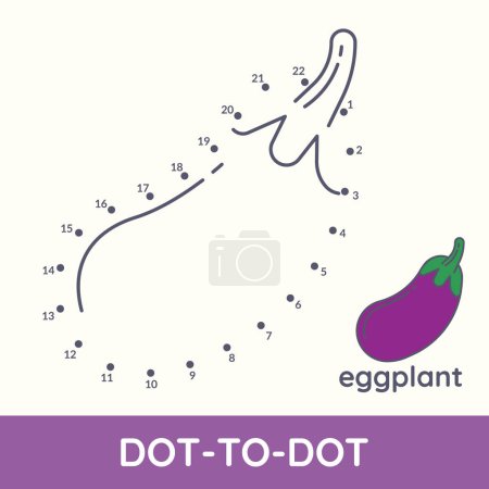 Connect dot to dot fun game cartoon Eggplant exercise. Coloring educational game for preschool kids and children. Fruit and vegetable leisure activity worksheet vector illustration