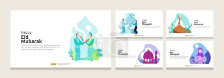 Illustration for Happy eid mubarak bundle set or ramadan greeting with people character. islamic illustration for template for web landing page, social, poster, ad, promotion, print media, banner or presentation - Royalty Free Image