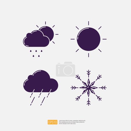 Nube Sol y Lluvia Gotas Clima, Previsión de Nube de Lluvia Pesada, Copo de Nieve de Cristal de Copo de Hielo. Iconos del tiempo colección Set Vector ilustración