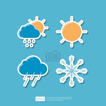 Wolken Sonne und Regen Tropfen Wetter, Starkregenwolken Vorhersage, Eisflocken Kristall Schneeflocke. Sammlung von Wettersymbolen Set Vektor-Illustration