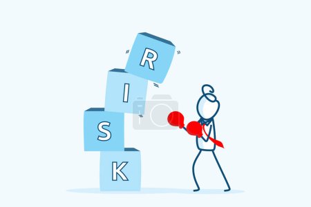 businessman stick figure character wearing boxing gloves standing in front of starting to fall of Risk blocks stack. Investment, stability and uncertainty concept. hand drawn doodle illustration