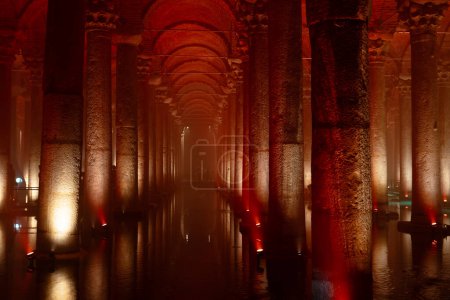 Columns and reflections on the water of a cistern. Basilica Cistern in Istanbul. Byzantine architecture.