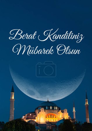 Berat Kandili vertical photo. Islamic days in Turkish culture. Happy 14th day of Shaban month text on the image. Berat Kandiliniz Mubarek Olsun in Turkish.