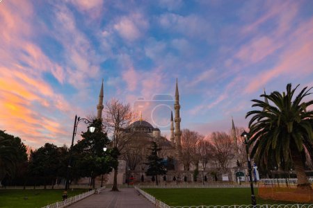 Photo for Sultanahmet camii or Blue Mosque at sunrise with dramatic clouds. Ramadan or islamic background photo. Travel to Istanbul concept photo. - Royalty Free Image