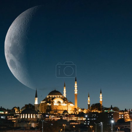 Suleymaniye Mosque with crescent moon. Ramadan or islamic square format photo. Islamic or kadir gecesi or laylat al-qadr background photo.