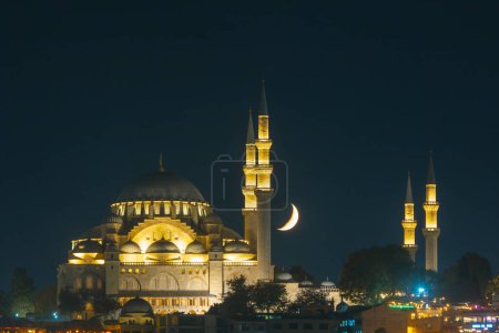 Photo for Islamic photo. Suleymaniye Mosque and crescent moon. Ramadan or laylat al-qadr or kadir gecesi concept photo. - Royalty Free Image