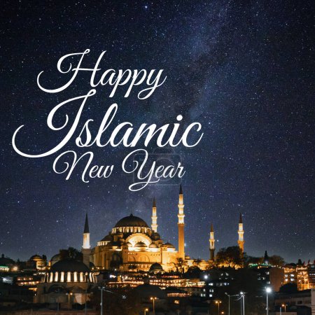 Frohes islamisches neues Jahr oder 1. des Muharram-Konzepts im quadratischen Format. Süleymaniye-Moschee und Milchstraße.