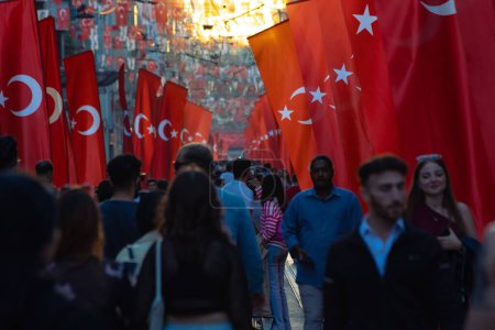 Photo for Turkish national holidays background photo. People and Turkish Flags in Istiklal Avenue. Istanbul Turkiye - 10.28.2023 - Royalty Free Image