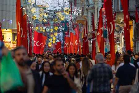 Photo for Turkish people with Turkish flags in Istiklal Avenue. National holidays of Turkiye concept photo. Istanbul Turkiye - 10.28.2023 - Royalty Free Image